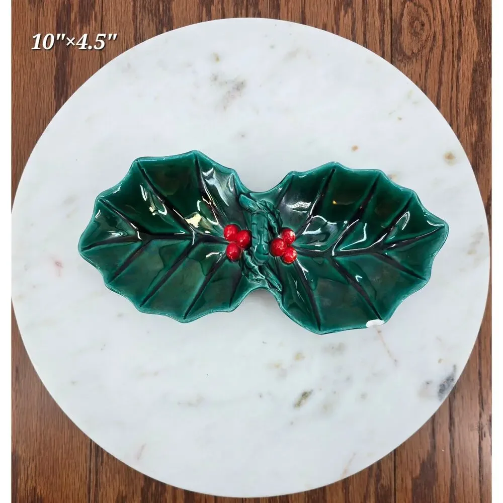 Vintage 1970's MCM Lefton Green and Red Holly Divided Candy Dish‎